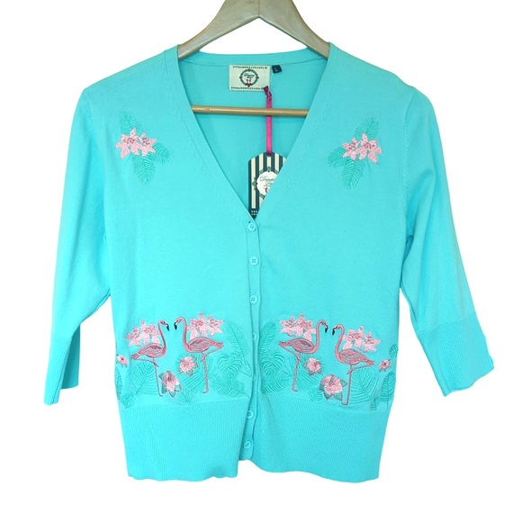 Banned Apparel Retro Rockabilly Teal Cardigan Sweater with Pink Flamingos - Picture 5 of 12
